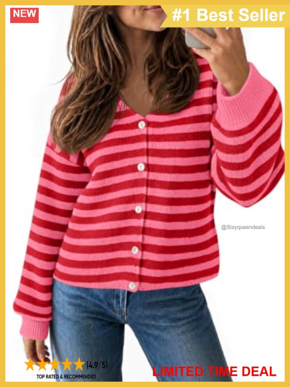 Oversized Striped V Neck Button Down Cardigan Knit Sweater Lantern Sleeve